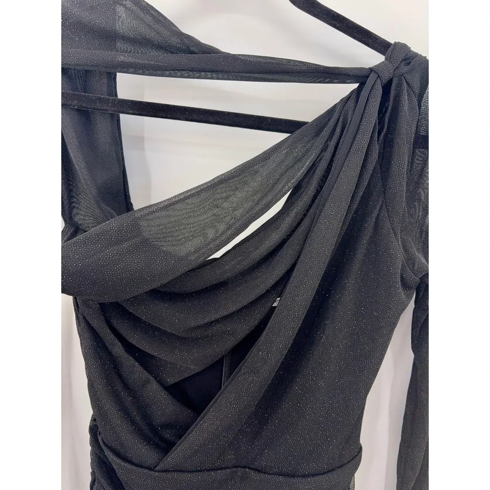 B41 House of CB Santa Mini Dress Small Black Glitter Ruched Bodycon Cutout - Picture 7 of 12